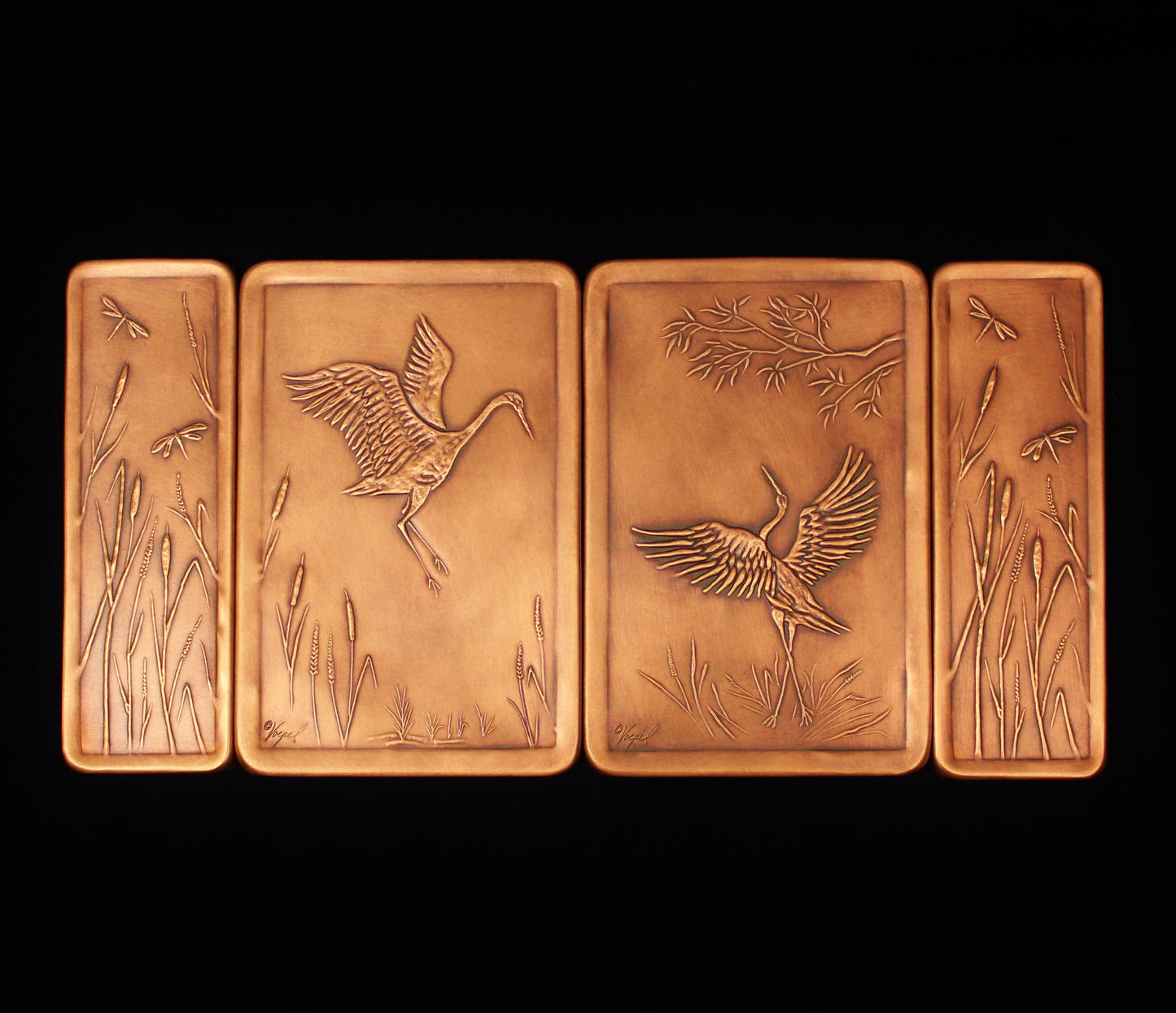 Cranes and Dragonflies Copper Mural, 9"x 18" x 1/4", CDM918