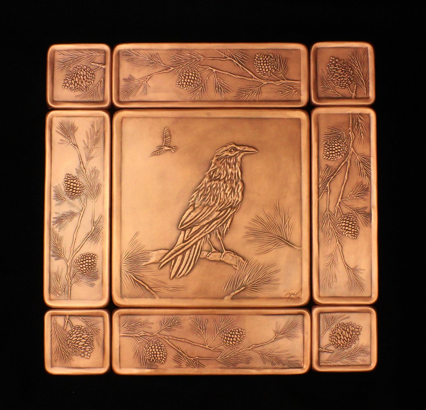Raven and Pinecones Mural, Copper, 15" x 15" x 1/4", RPCM1515