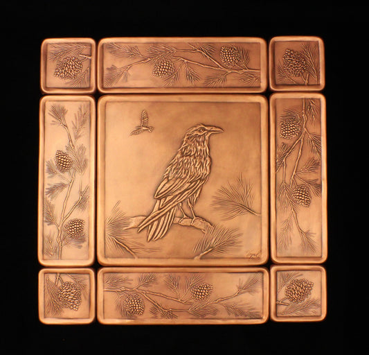 Raven and Pinecones Mural, Copper, 15" x 15" x 1/4", RPCM1515