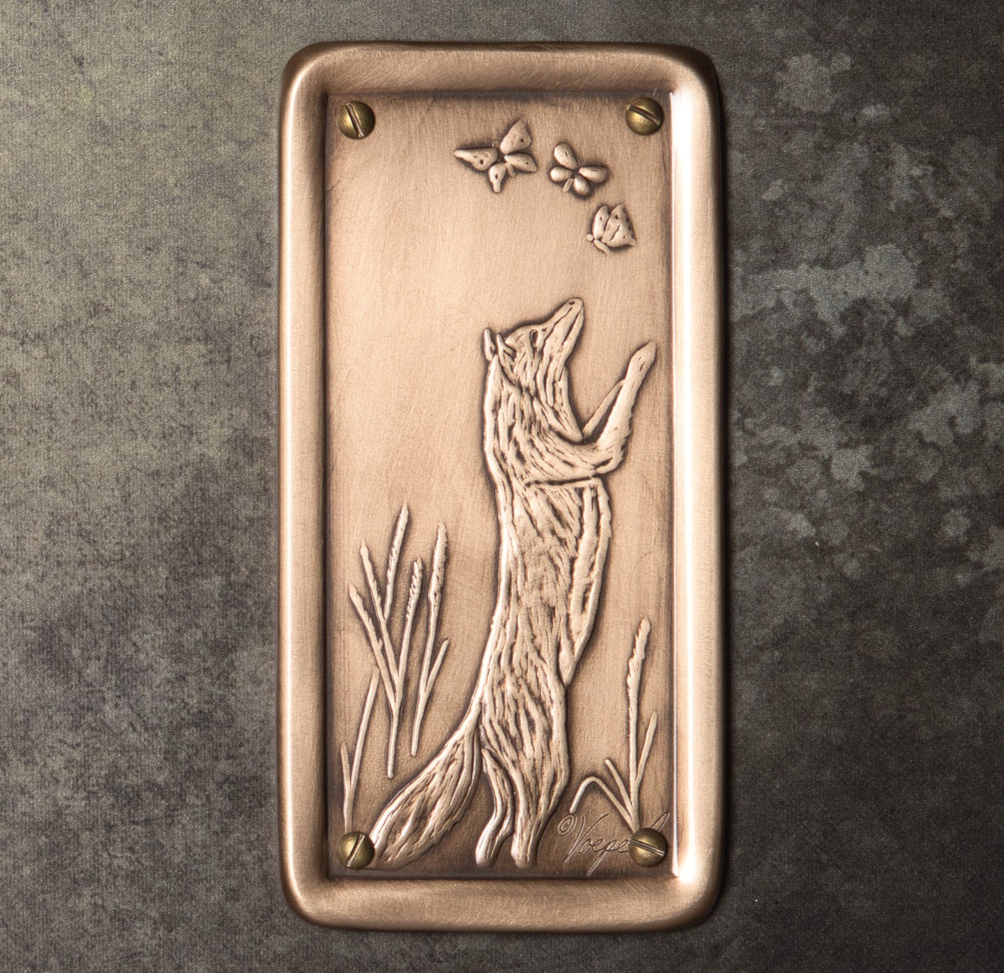 Fox Chasing Butterflies Push Plate, Bronze, 3" x 6"