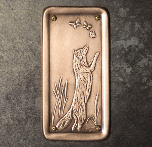 Fox Chasing Butterflies Push Plate, Bronze, 3" x 6"