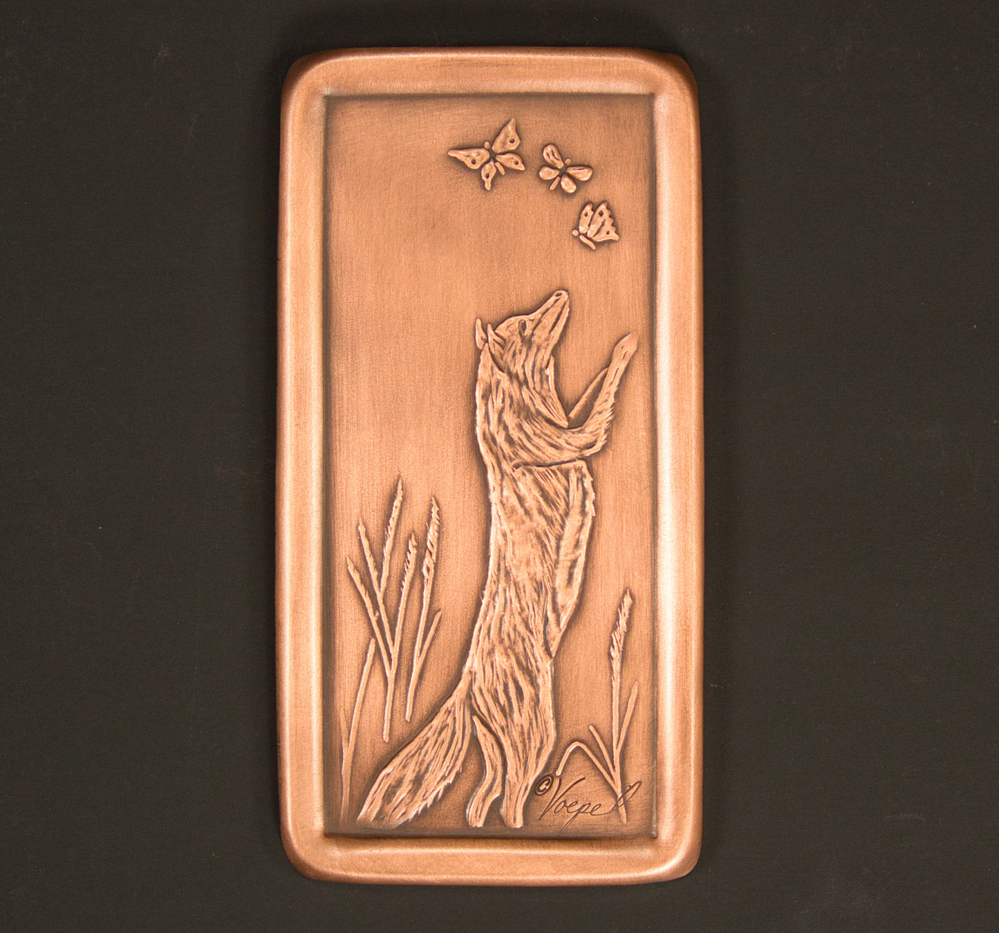 Fox Chasing Butterflies Tile, Copper, Handmade Tile, 3" x 6" x 1/4"