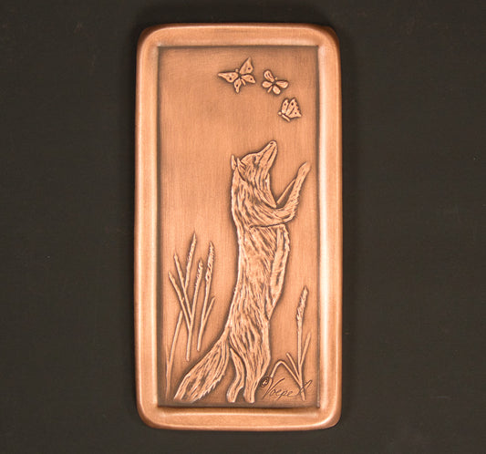 Fox Chasing Butterflies Tile, Copper, Handmade Tile, 3" x 6" x 1/4"