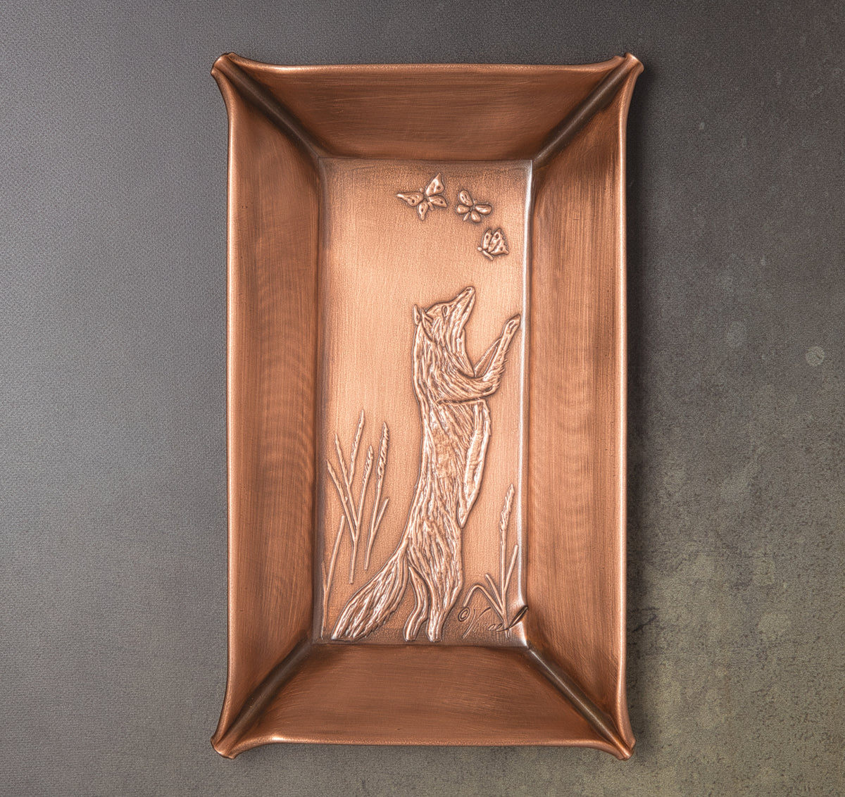 Fox Chasing Butterflies Valet Tray, Copper, Handmade, 4" x 7" x 7/8"