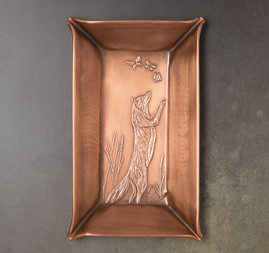 Fox Chasing Butterflies Valet Tray, Copper, Handmade, 4" x 7" x 7/8"