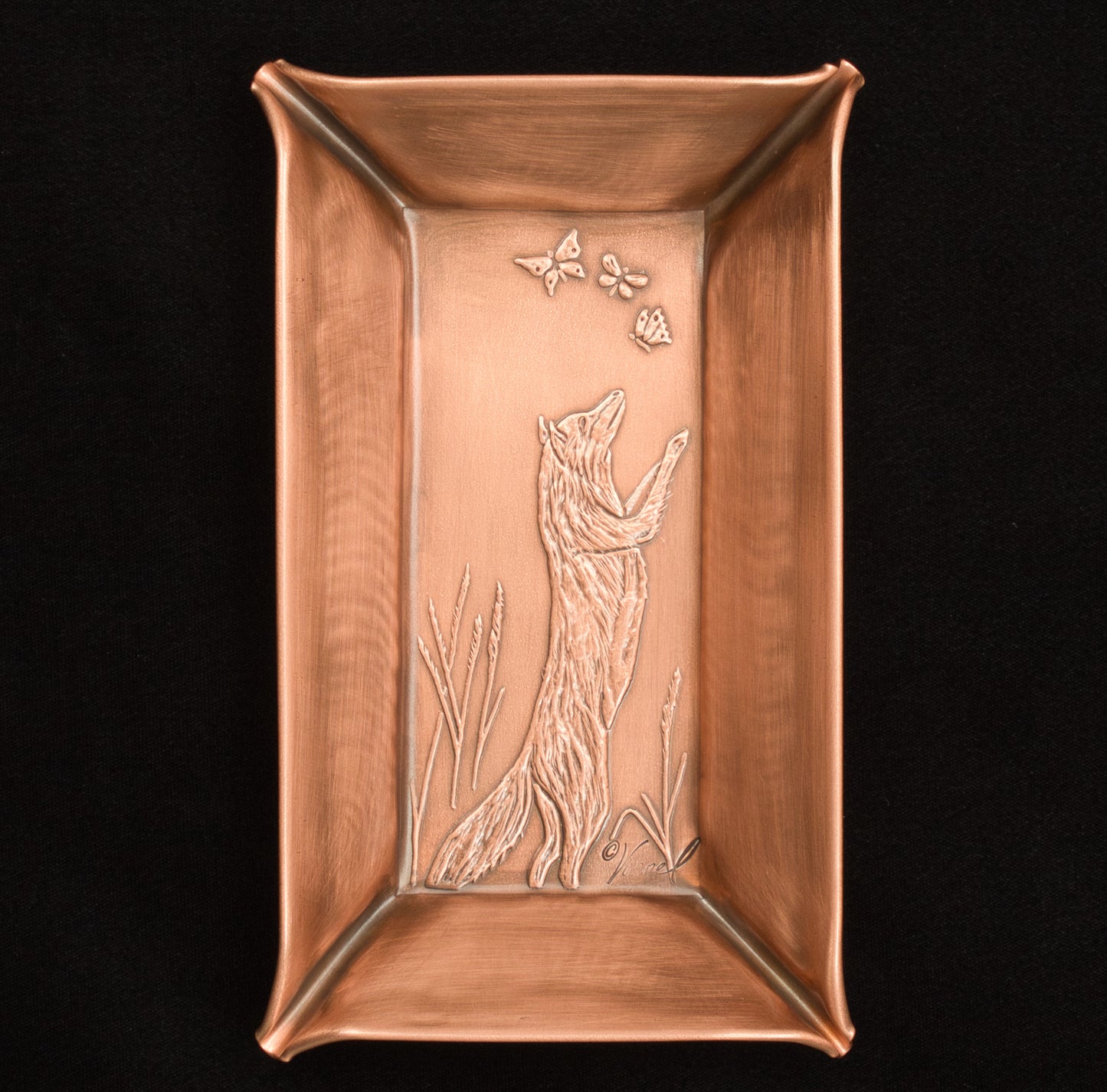 Fox Chasing Butterflies Valet Tray, Copper, Handmade, 4" x 7" x 7/8"