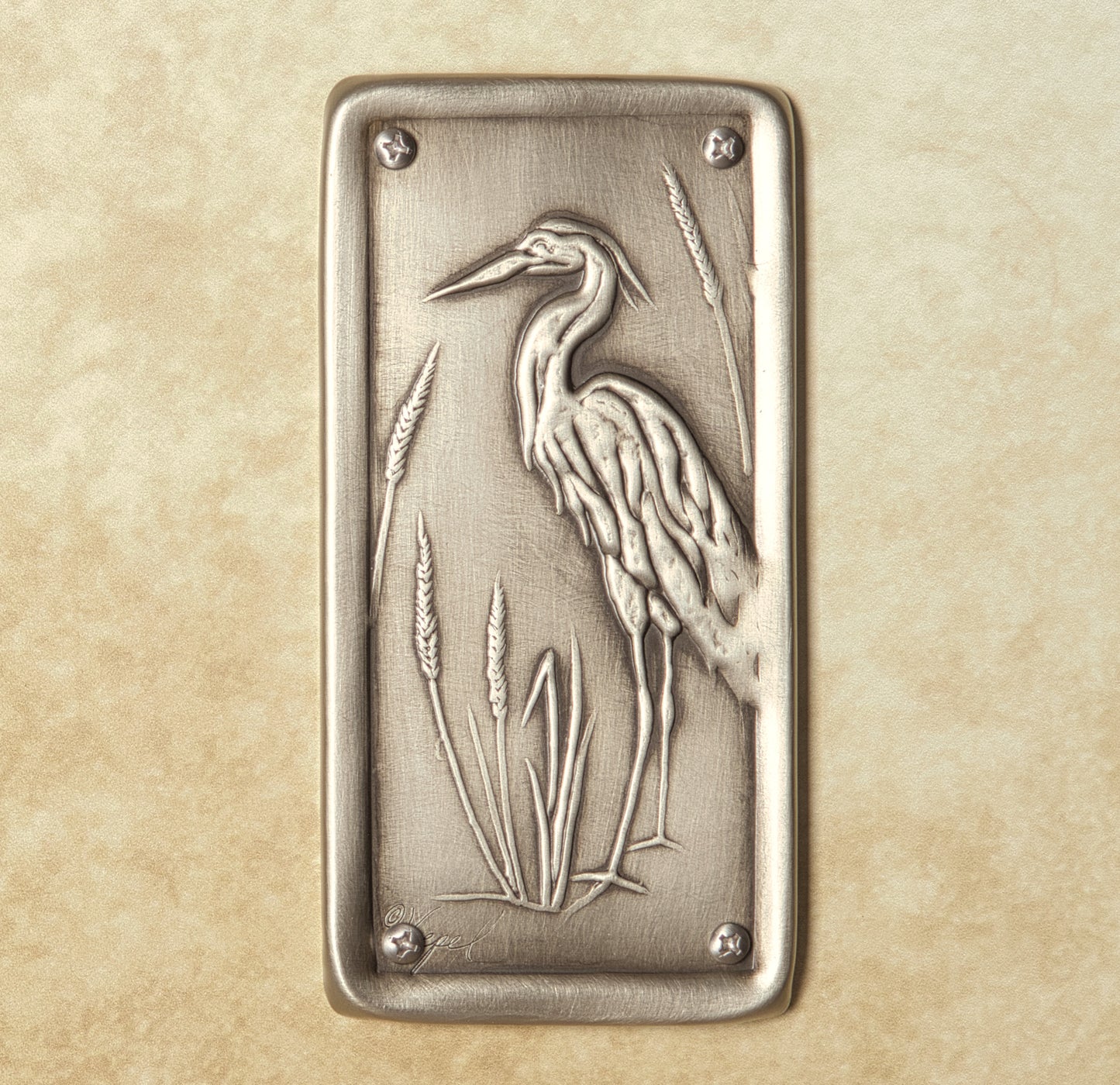 Heron Push Plate, Nickel/Silver, 3" x 6", Facing Left
