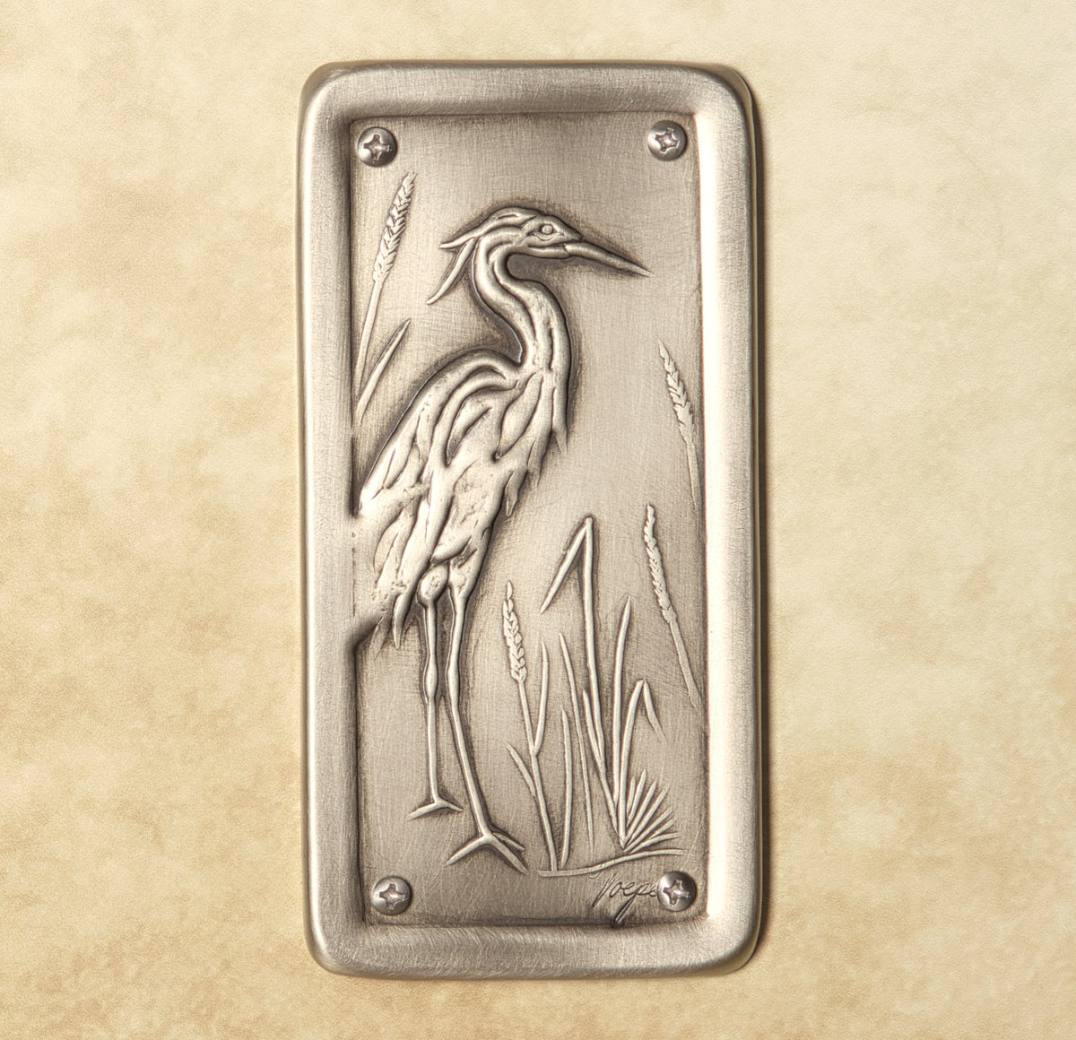 Heron Push Plate, Nickel/Silver, 3" x 6", Facing Right