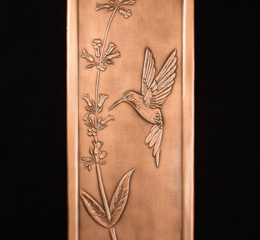 Large Hummingbird & Penstemon Tile, 6" x 18" x 3/8", Copper, Handmade