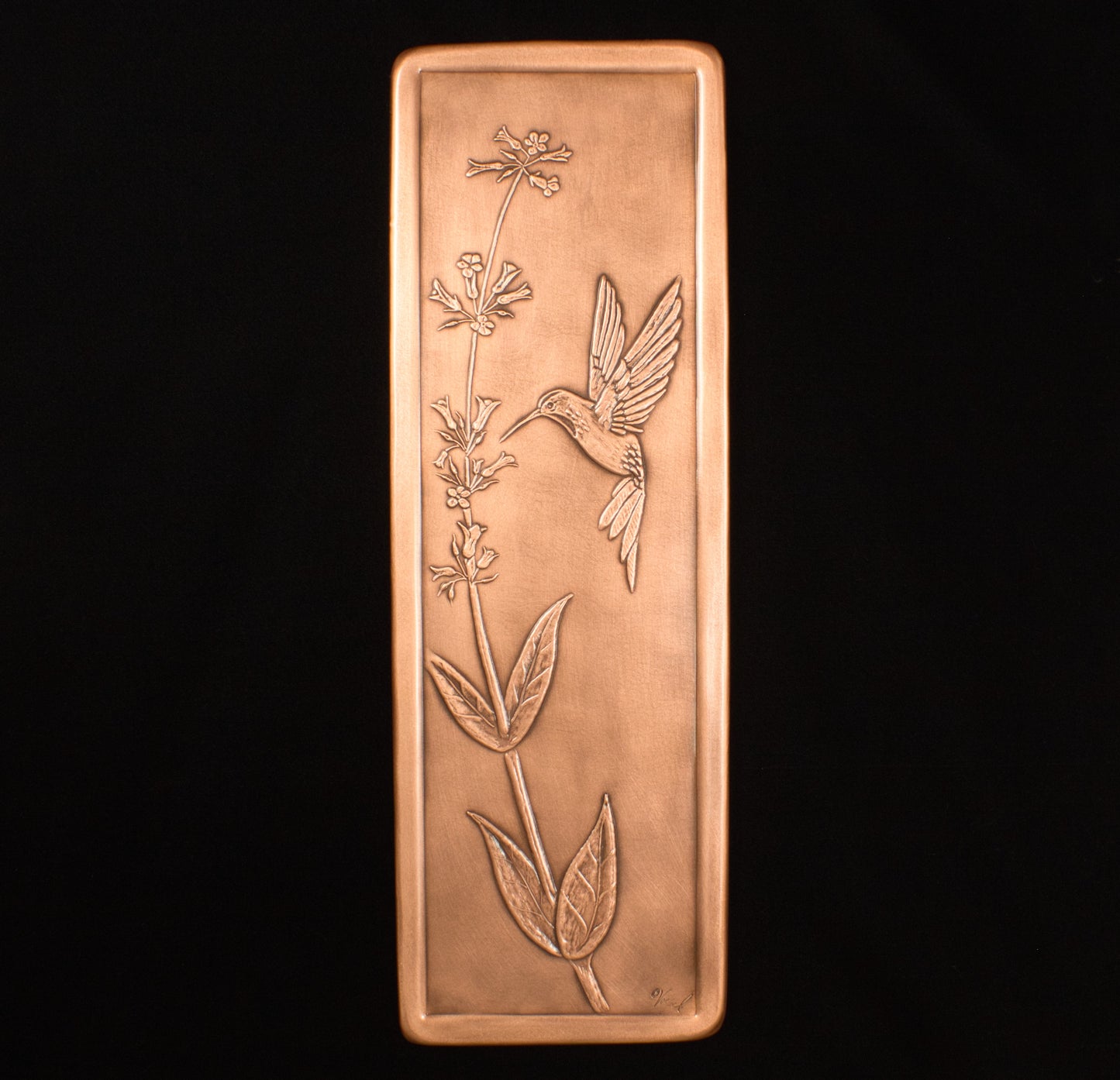 Large Hummingbird & Penstemon Tile, 6" x 18" x 3/8", Copper, Handmade