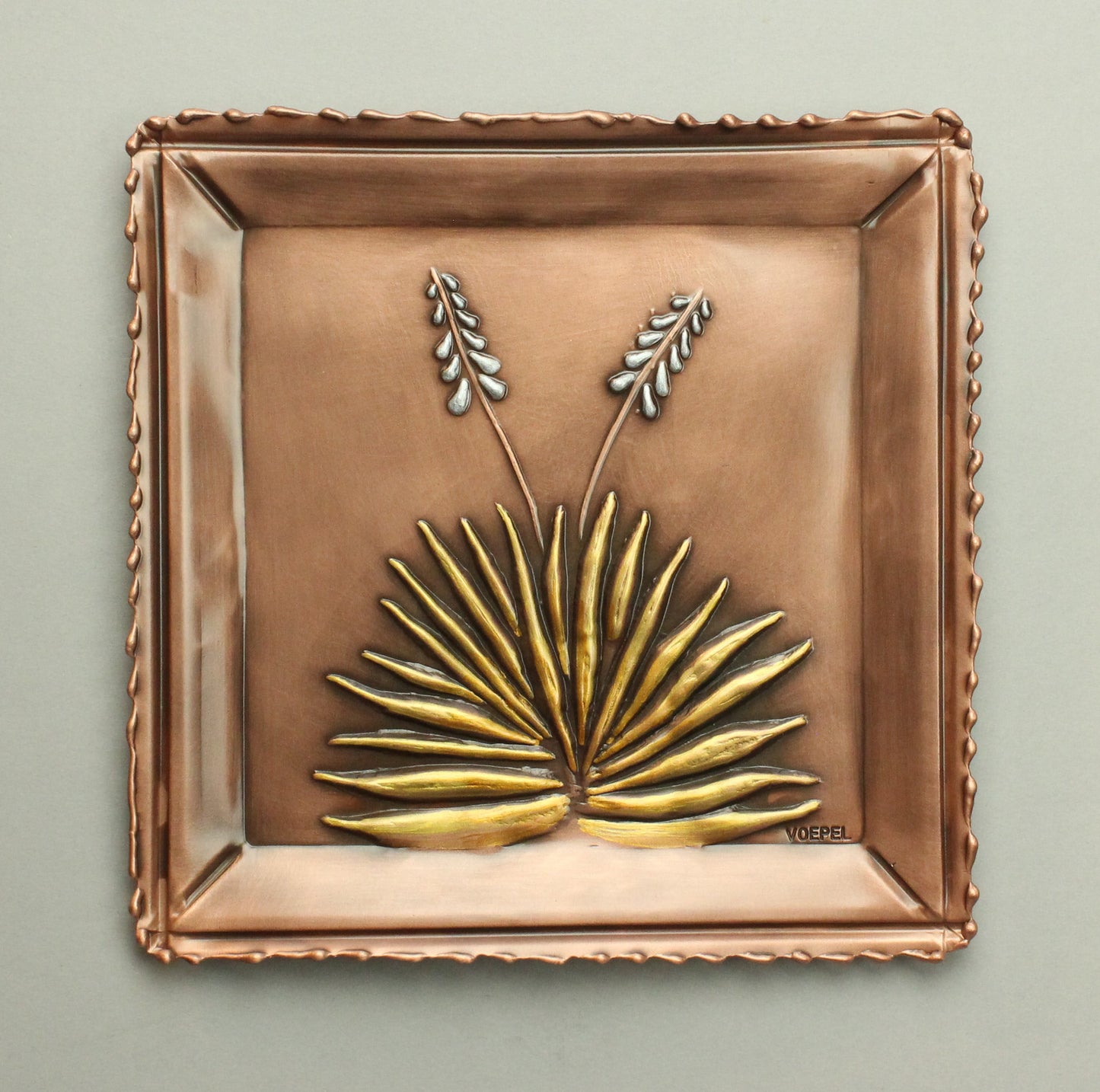 Patinaed Yucca Copper Tray, 7"x 7",