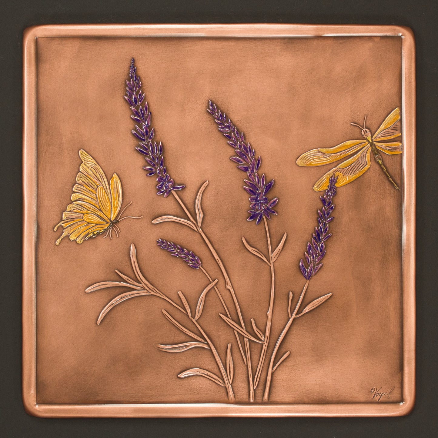 Lavender Plant Tile, Copper, Handmade Tile, Patinaed, 12" x 12" x 1/4"