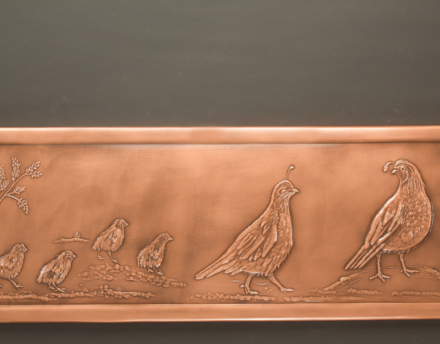 Large Quail and Chicks Tile, 6" x 18"x 3/8", Copper, Handmade.