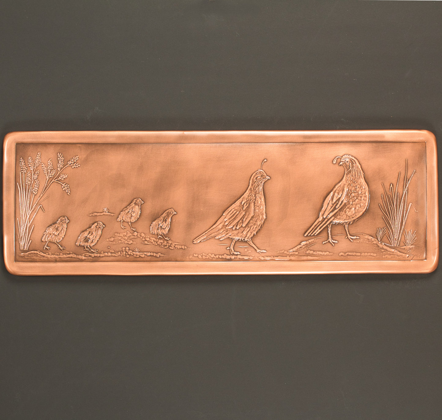 Large Quail and Chicks Tile, 6" x 18"x 3/8", Copper, Handmade.
