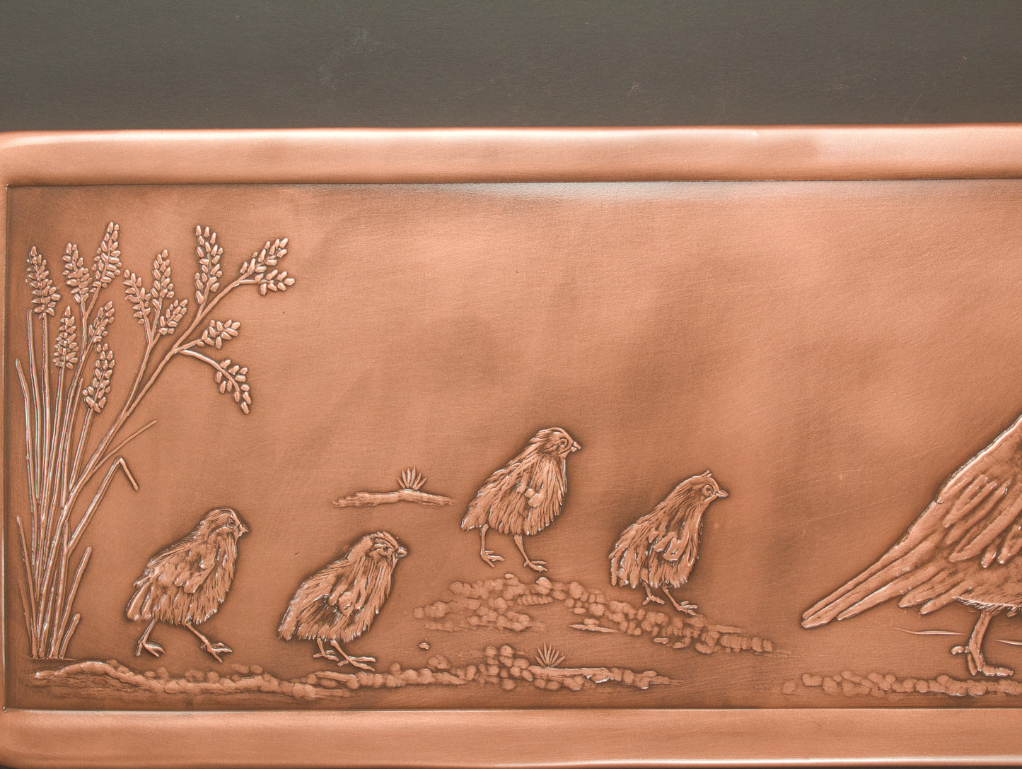 Large Quail and Chicks Tile, 6" x 18"x 3/8", Copper, Handmade.