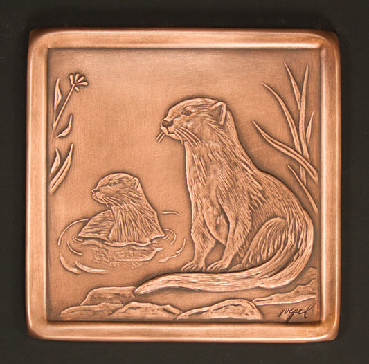 River Otters Tile, Copper, Handmade Tile, 6" x 6"x 1/4"