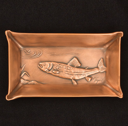 Trout Valet Tray, Copper, Handmade, Facing Left, 4" x 7", TRRL47