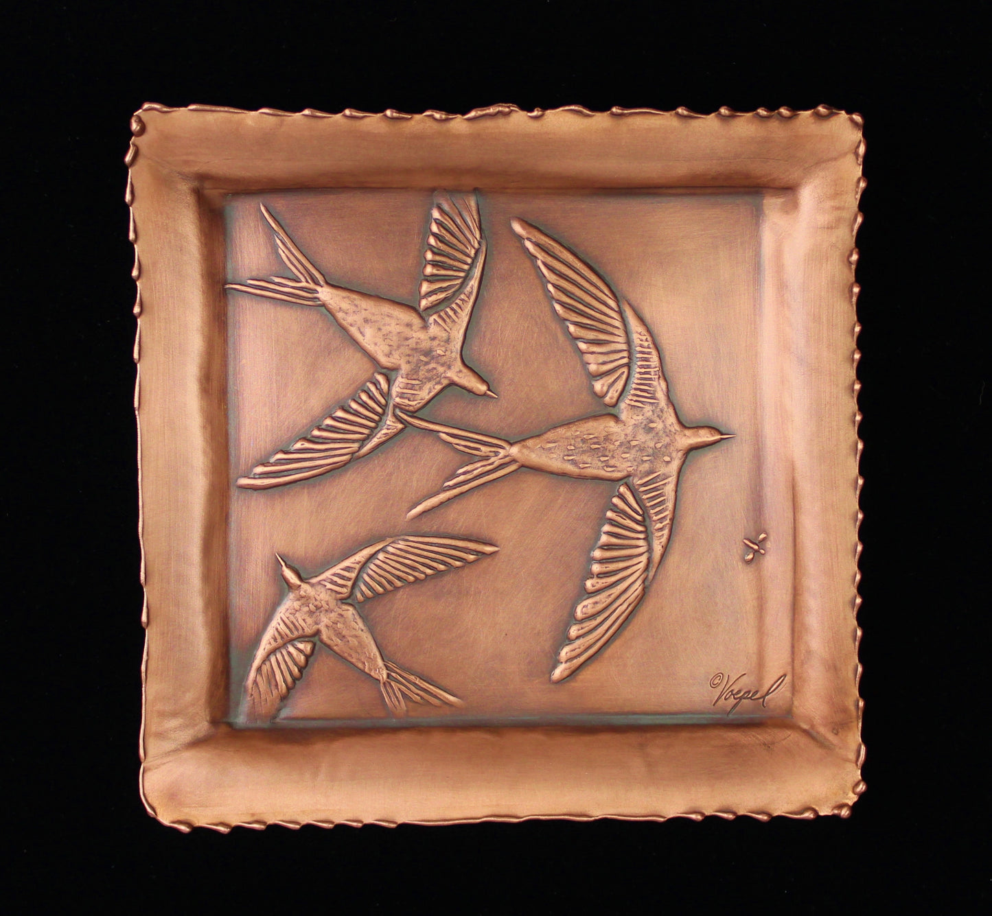 Swallows in Flight, Copper Art Tile/Tray,  7" x 7"