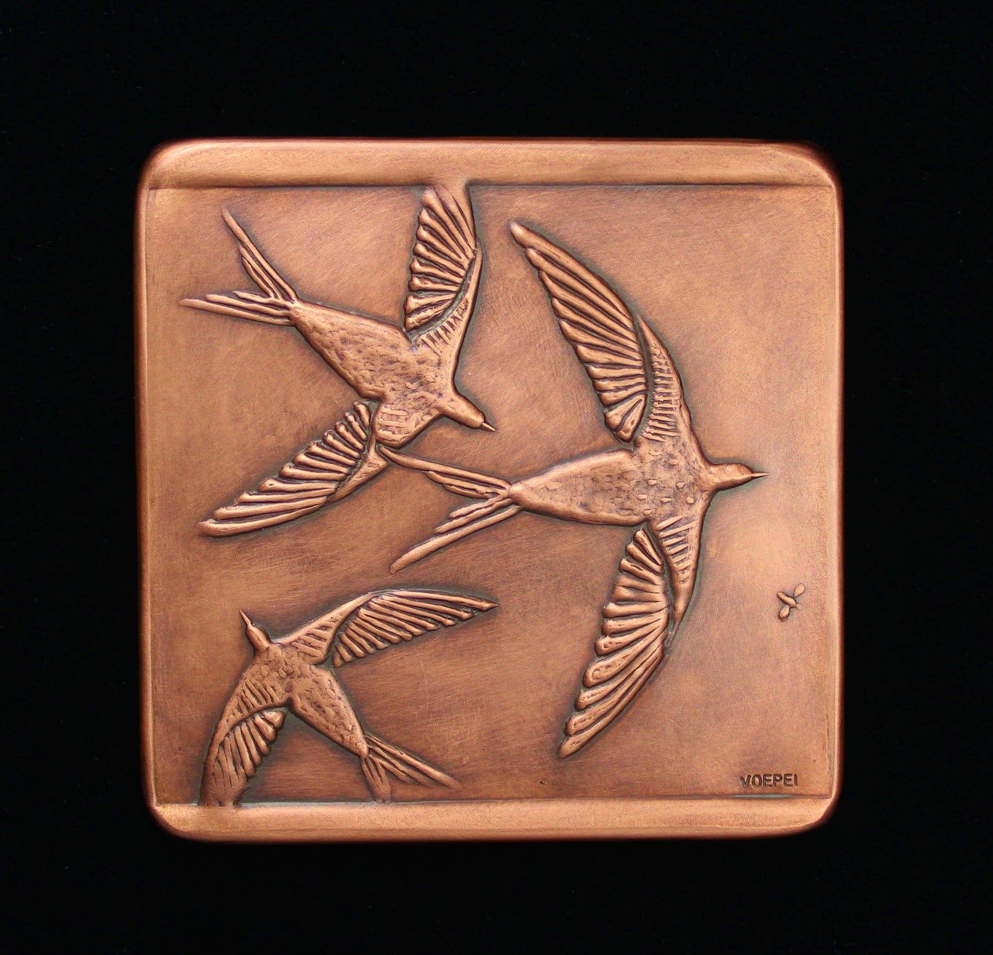 Swallows in Flight Copper Tile, Facing Right, 6"x 6" x 1/4"