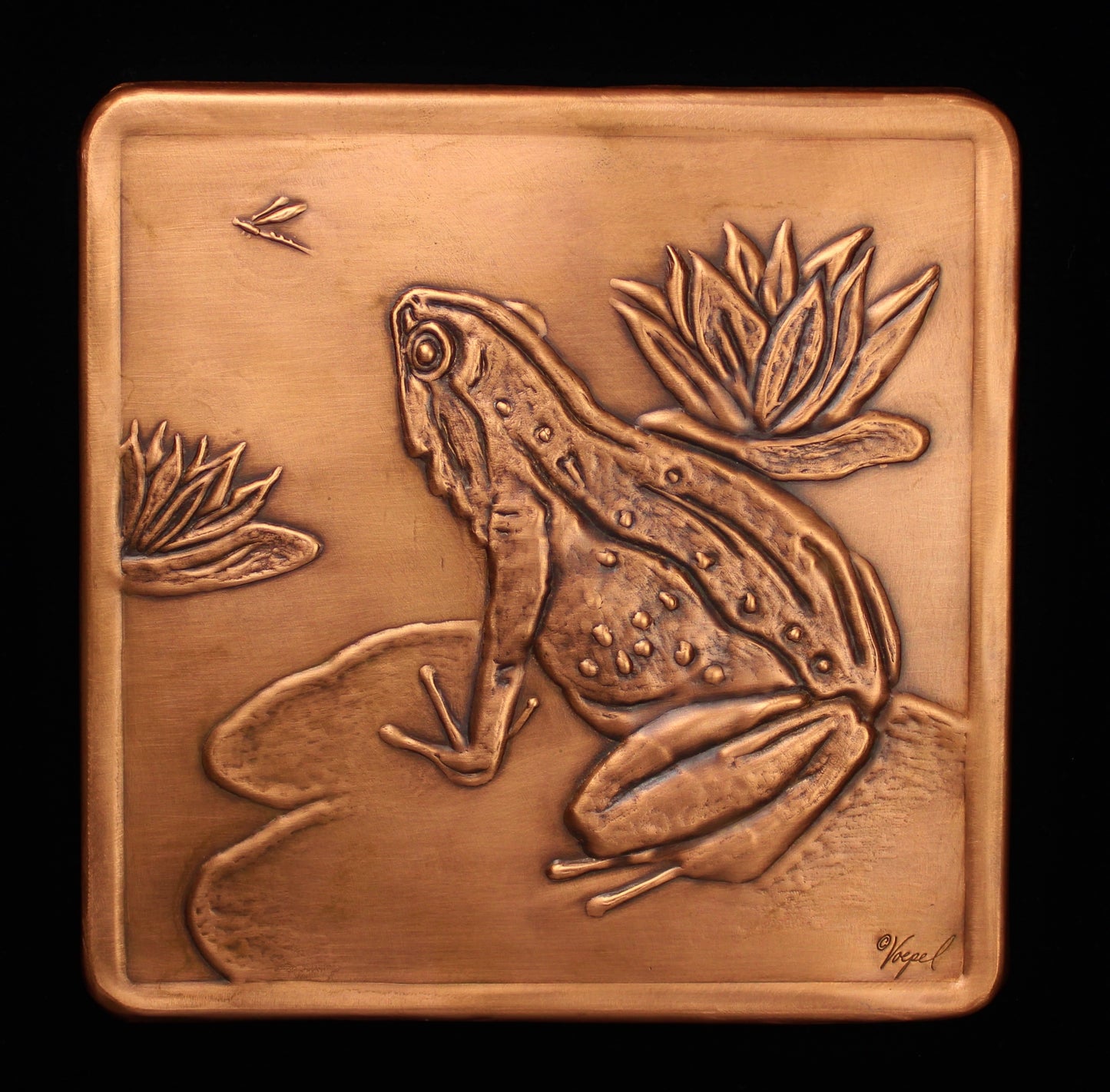 Frog and Water Lilies Copper Tile, 9" x 9" x 1/4"